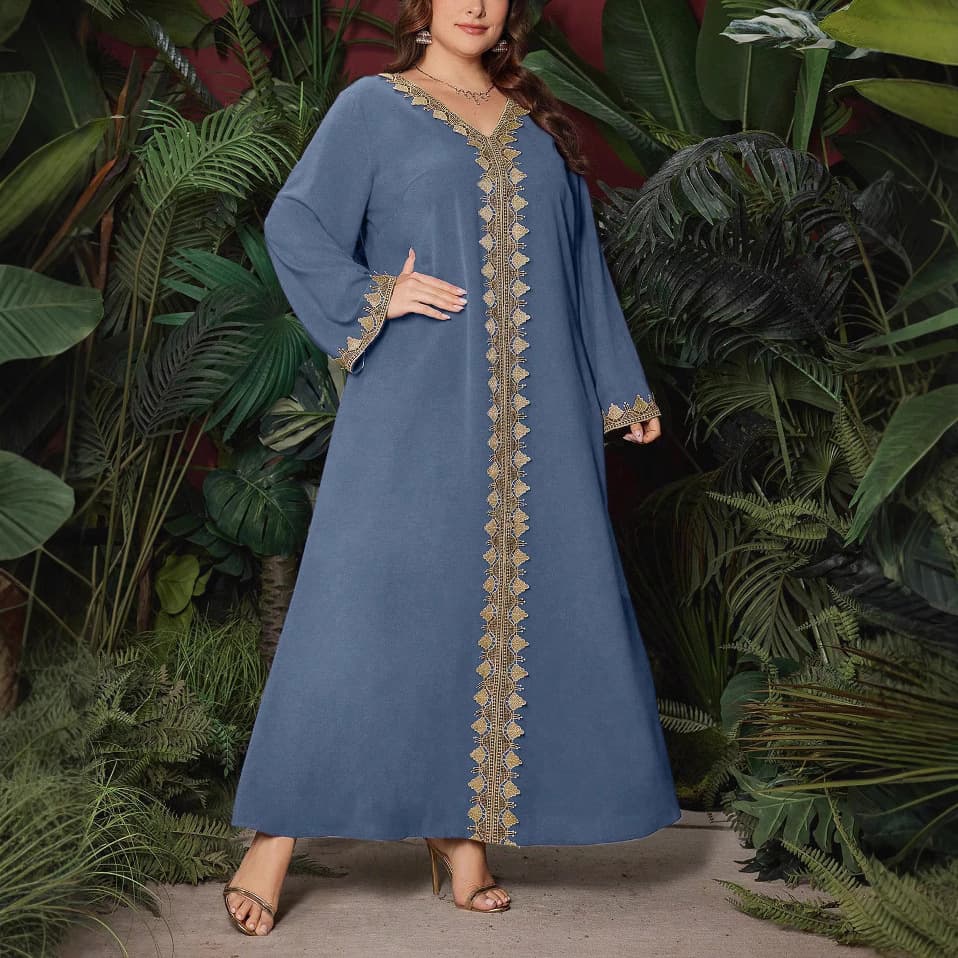 In stock Ethnic Style Women's Dress Autumn Embroidered V-Neck Long Sleeve Loose Maxi Dress Exotic Clothing