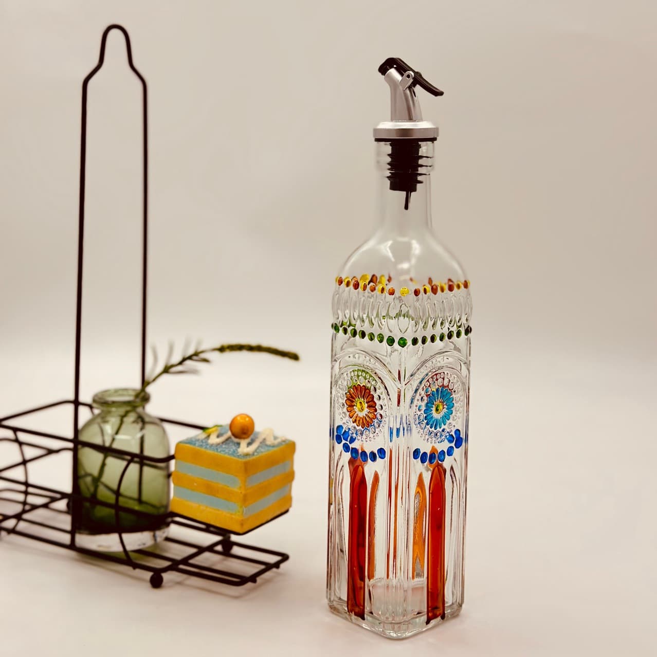 500ml Hand-Painted Oil Bottle, Anti-Drip Design, Square Glass Oil Dispenser, Oil Container, Sesame Oil, Soy Sauce, and Vinegar Bottle, Glass Bottle