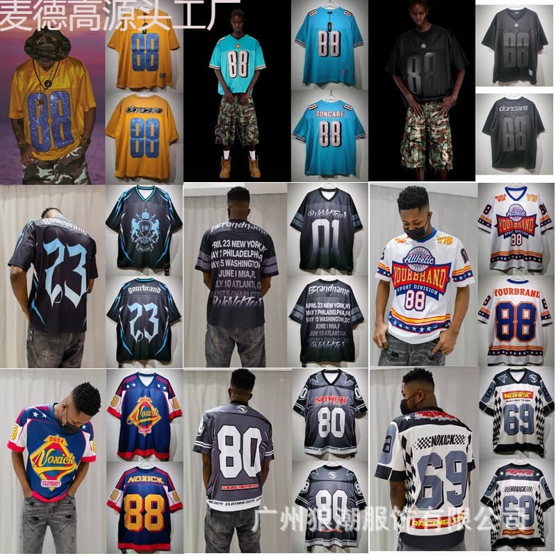 Foreign Trade Cross-Border American Style Multi-Panel Y2K Patchwork Football Mesh Breathable Quick-Dry Men's Women's T-Shirt V-Neck Sports