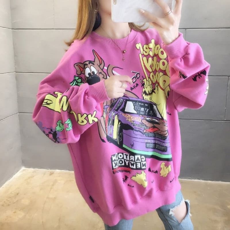 AliExpress Wish Cross-border New Arrival Long-sleeved Crew Neck Loose Street Racing Dog Harajuku Girl's Sweatshirt