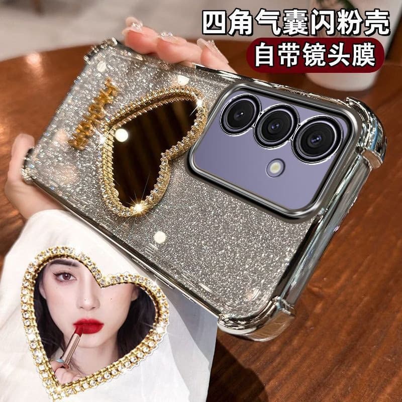 For Samsung S26 Phone Case Luxury Sparkle Diamond Women Love Makeup Mirror Airbag Four-Corner Anti-Drop Phone Case