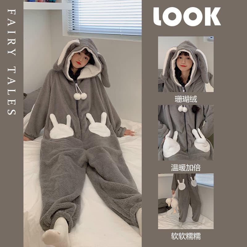 2022 New Winter Cute Rabbit Siamese Pajamas Women's Winter Coral Fleece Thickened Fleece-Lined Nightgown