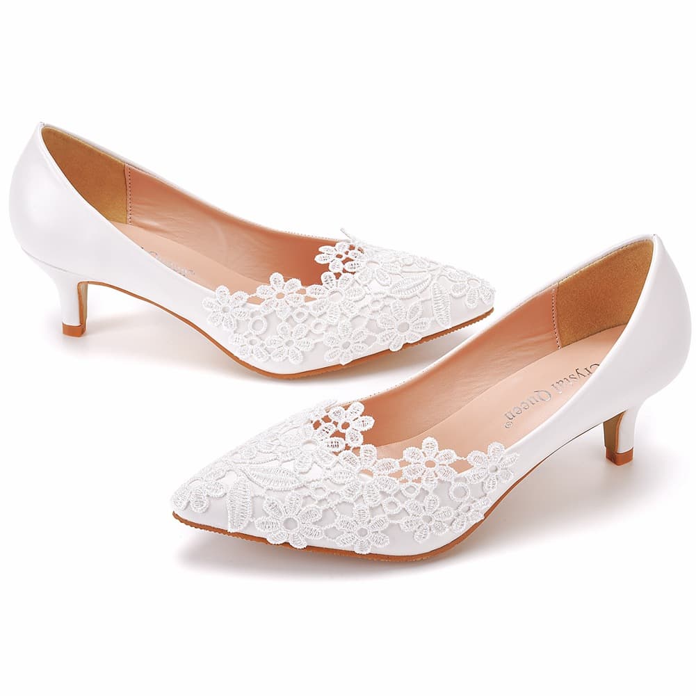 5cm Mid Heel Elegant Simple Lace Flower Wedding Shoes Pointed Toe High Heel Bride Wedding Dress Shoes Spring Autumn Flats