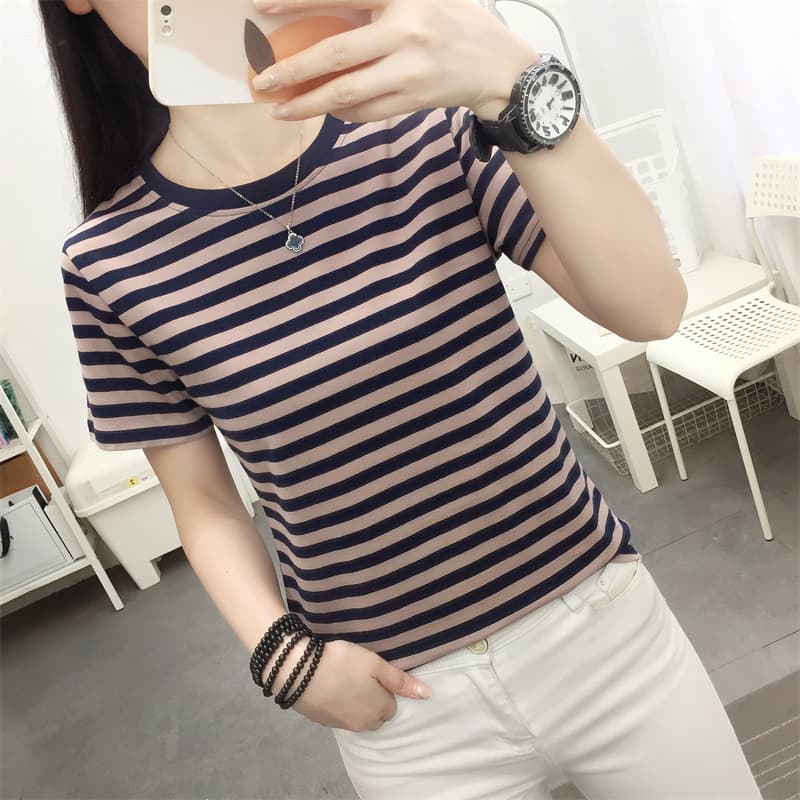 plus Size Loose Fit Pure Cotton Short Sleeve Striped Women's T-Shirt Comfortable Casual Style round Neck Top for Summer
