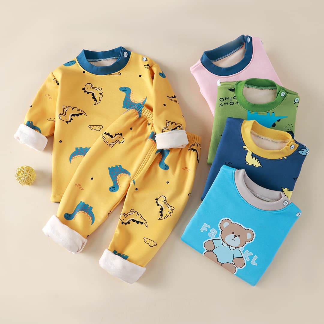 Kids Thermal Underwear Set Fleece-Lined and Thickened Boys and Girls Autumn Clothing Baby Thermal Wear Winter Dinosaur
