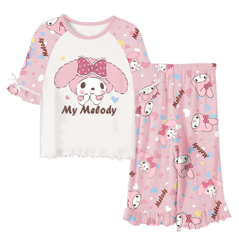 Girls' Thin Summer Modal Pajamas, Cotton Sleepwear Set with 7/8 Length Pants, Cartoon Print