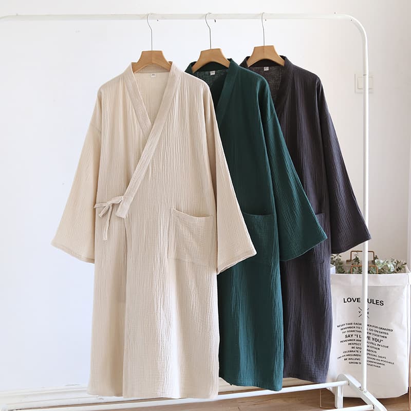 Japanese Kimono Style Bathrobe with Belt, Men's and Women's Summer Lightweight Pure Cotton Crepe Yarn-Dyed Bathrobe, Sweat Suit, Hanfu Robe