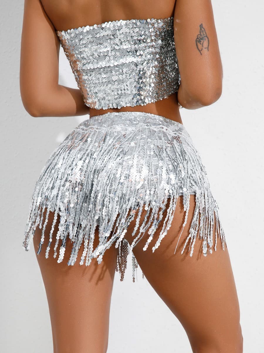 699# Sequin Fringe Skirt Latin Dance Skirt Stage DS Performance Outfit Women's Sequin Fringe Shorts Bar Show Costume