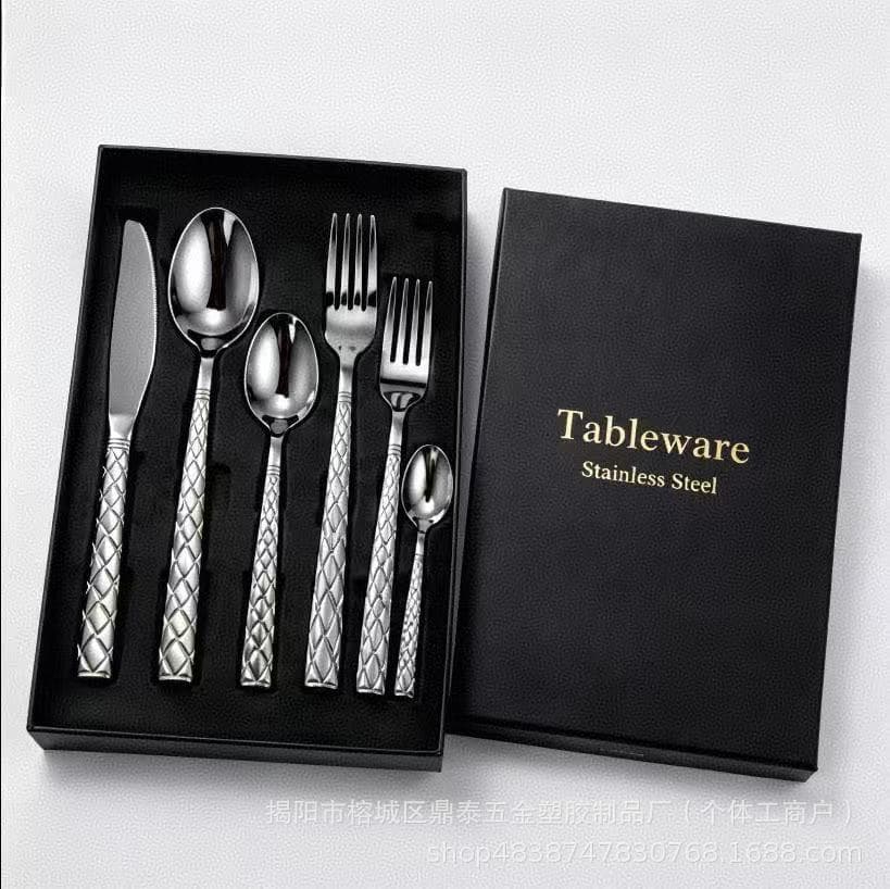 Stainless steel tableware set, four main pieces of rhombus Western-style knife, fork, spoon, tea spoon, home restaurant and hotel tableware set