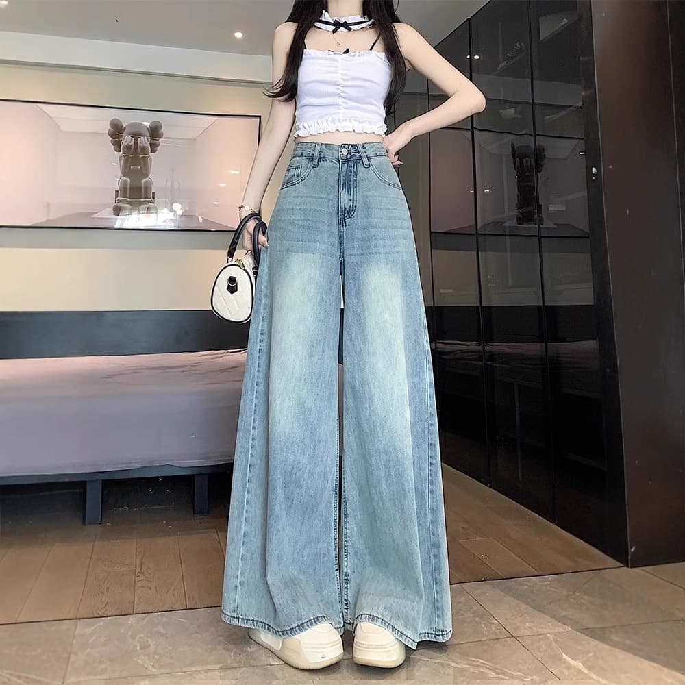 Summer Thin Light Blue Wide Leg Jeans Women's 2026 Large Size High Waist Slim Drape Loose Straight Floor-Mopping Trousers