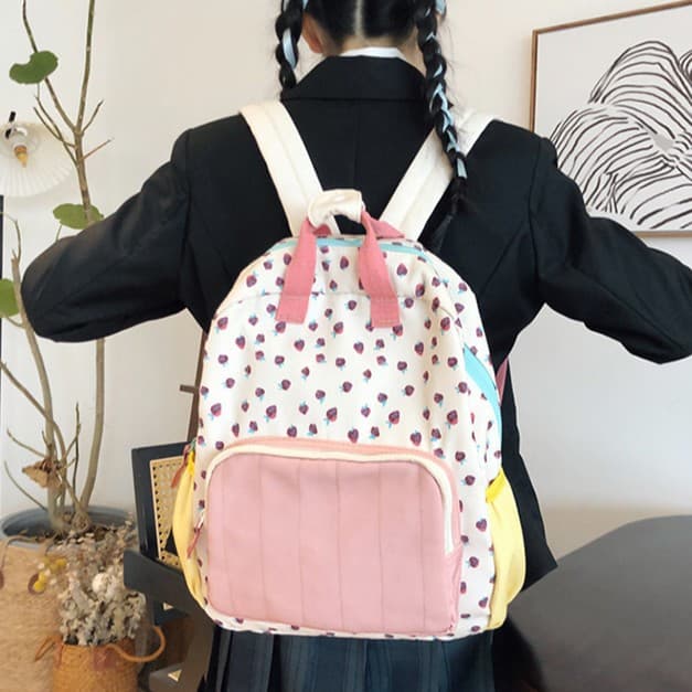 2025 New Canvas Strawberry Backpack for Children and Girls Dopamine Color Matching Backpack Cute Leisure Travel School Bag
