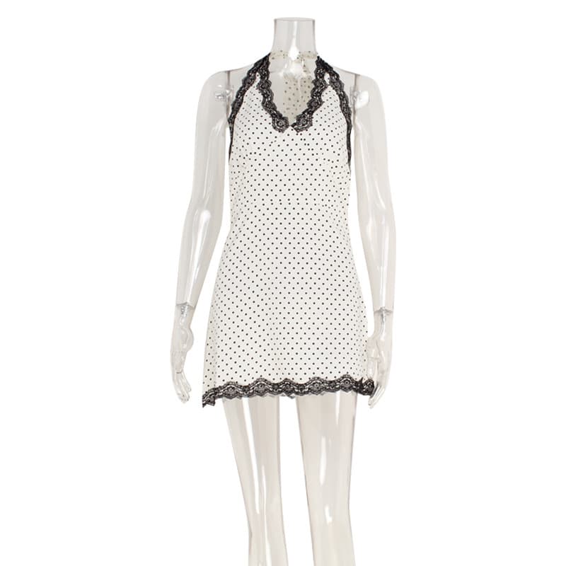Cross-border French Polka Dot Fashion Sexy Pure Desire Style V-Neck Lace Trim Slimming Bodycon Halter Dress A-Line Mini Skirt