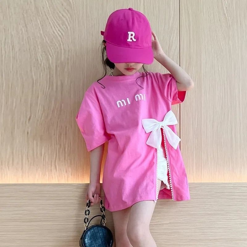 Girls Cotton T-Shirt Korean Style Short Sleeve Summer Fashion Butterfly Knot Mid Large Children Slit Trendy Kids Top