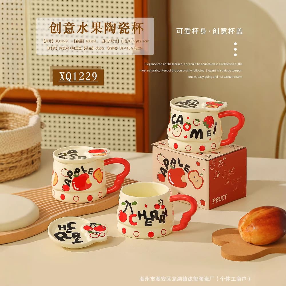 Birthday gift cartoon mug with lid, high-looking creative fruit office home drinking ceramic cup