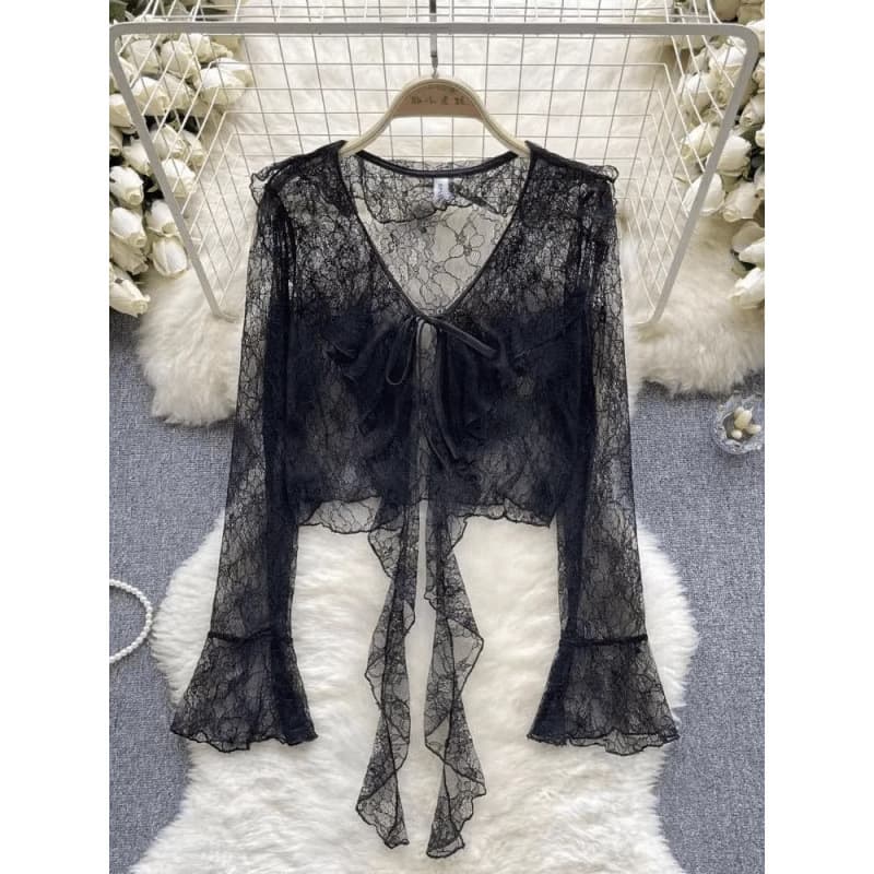 Pure lust style personalized V-neck sun protection clothing for women thin summer lace trumpet sleeves lace-up cardigan coat shawl blouse