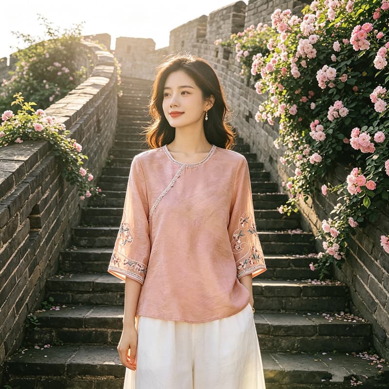 New Chinese style heavy industry embroidery three-quarter sleeve top for women loose round neck thin retro literary style top