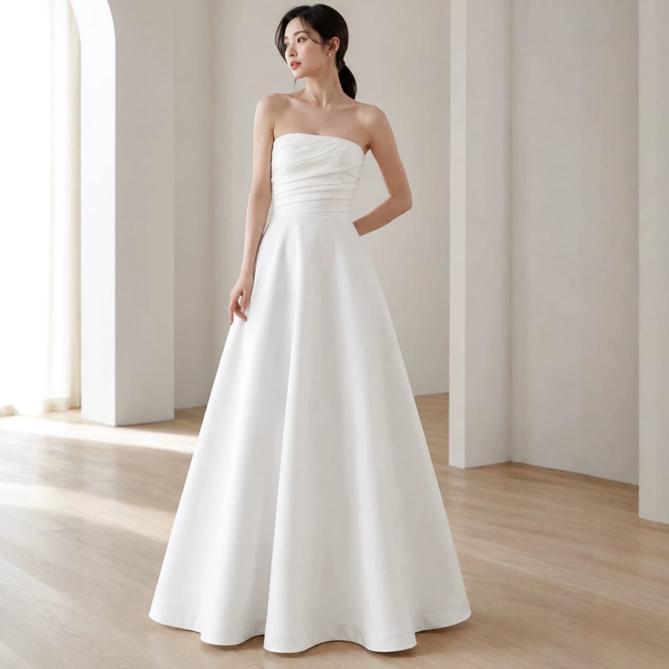 Korean-style Light Wedding Dress Satin Simple Strapless Bride Engagement Certificate Banquet Elegant High-end Little White Dress for Women