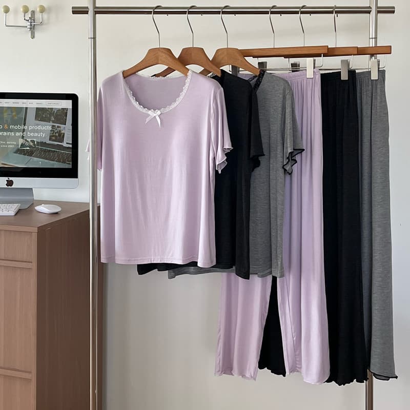 Korean Modal Sleepwear Set Short Sleeve Long Pants with Padded Bra Pullover Homewear for Women Summer Cool Feeling Two-Piece Set