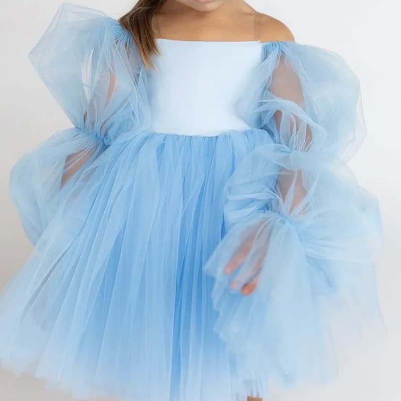 Children's one-year-old dress, cute flower girl wedding one-shoulder princess dress, mesh tutu skirt, birthday party dress
