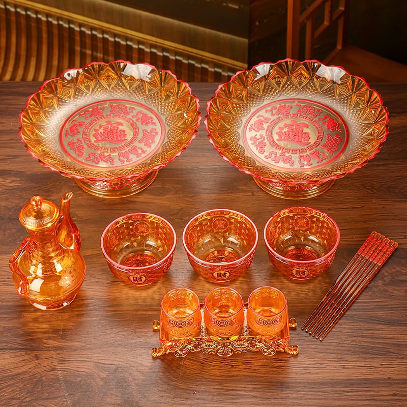 Double Dragon Plastic Crystal Offering Cup, Red Pill Bowl, Water Offering Cup Set of Three, Worship Tea Cup and Teapot, Buddhist Altar Wine Pot and Cup