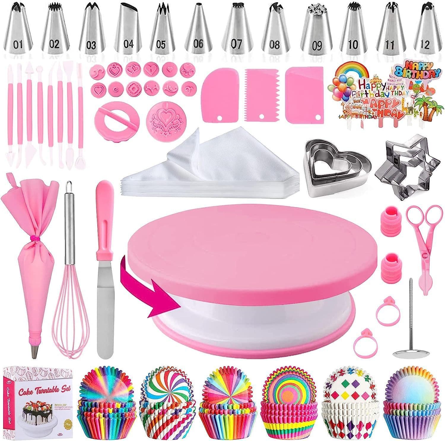 255-Piece Pink Cake Turntable Set, Decorating Supplies, Baking Accessories, Fondant Tool Kit