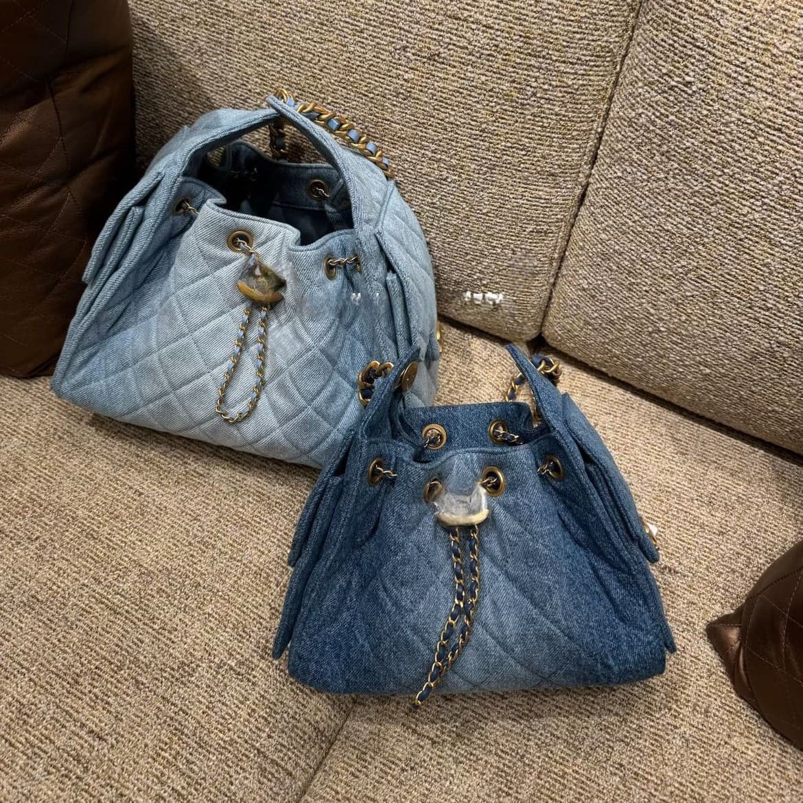 25Bag Denim Quilted Hobo Drawstring Chain 25C Bucket Bag Genuine Leather Large Capacity Shoulder Underarm Women's Bag