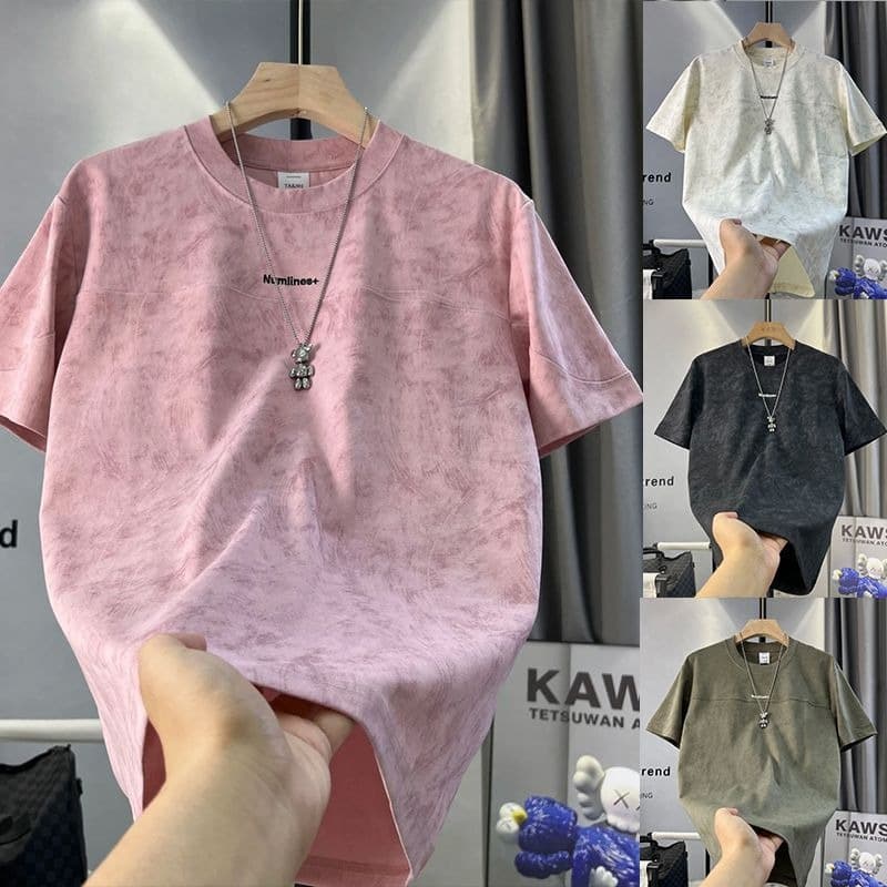 2025 Summer New Men's Short Sleeve T-Shirt Solid Color Simple Trendy Youth High-End Tie-Dye Letter Top