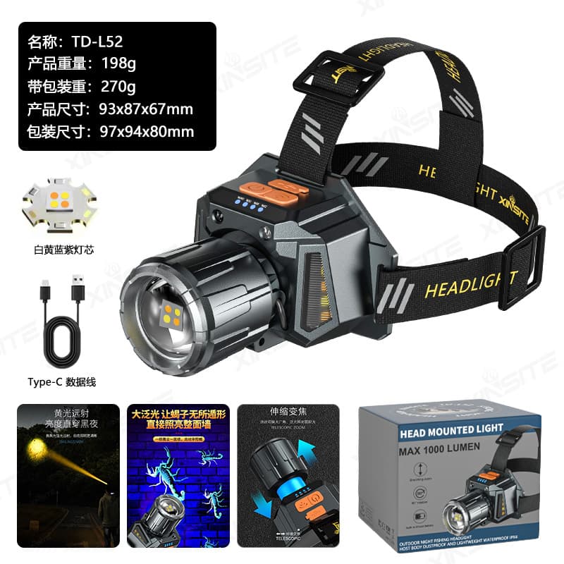 Cross-Border Outdoor Multifunctional Zoom Headlamp, High Brightness High Lumen Head-Mounted Light, Night Fishing Light, Waterproof Work Light