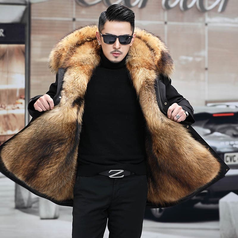 2025 Winter New Style Parka Fur Coat Men's Mid-Length With Detachable Faux Mink Liner, Faux Mink Fleece Overcoat