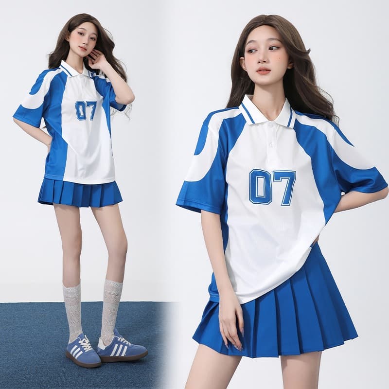 Unisex Top Blue Cheerleading Performance Wear School Opening Group Student Sports Day Performance Set