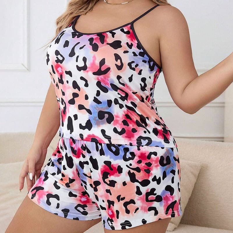 European and American cross-border suspender shorts plus size plus fat plus fat woman pajamas printed home clothes set ready stock wholesale