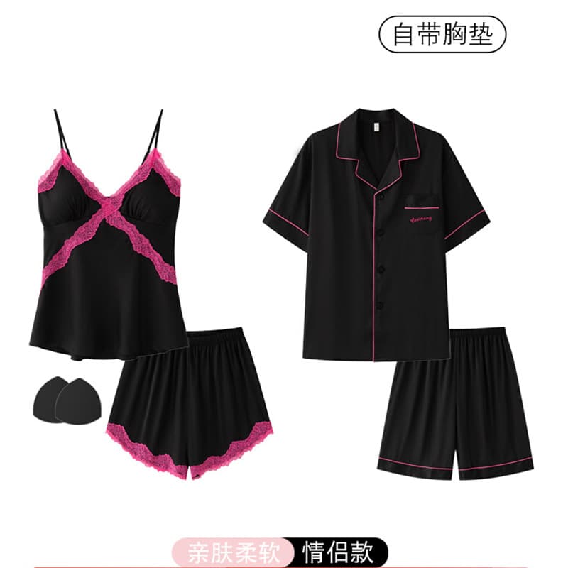 Couple Pajamas Summer Ice Silk Thin Sexy Camisole Shorts Set Men's Plus Size Short Sleeve Light Luxury Homewear