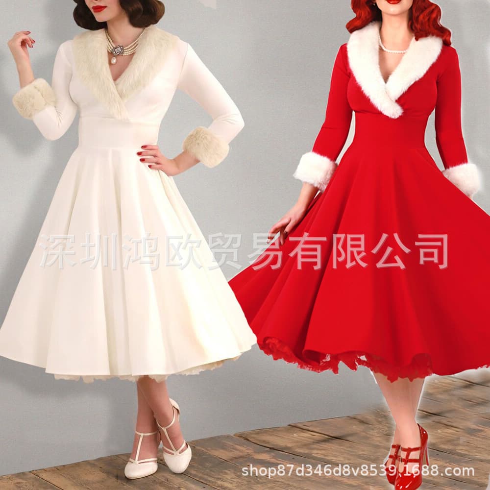 Custom dress European and American Women's Fashion Long Sleeve Fur Collar Sexy Low-cut Slim Elegant A Christmas dress Women