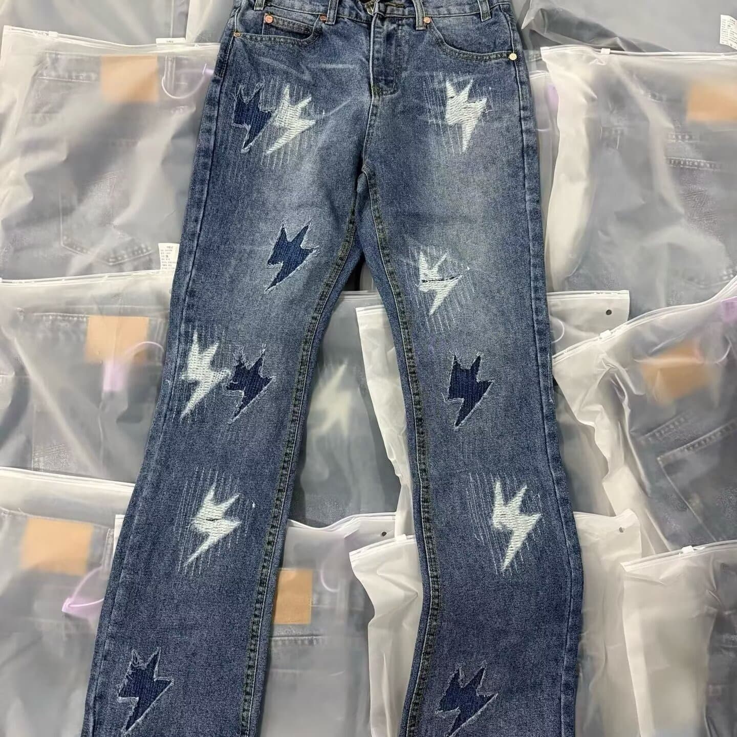 New Fall/Winter Lightning Jeans for Men, Loose Straight Leg Casual Trendy Snow Mountain Edition Gradient High Ounce Washed Distressed