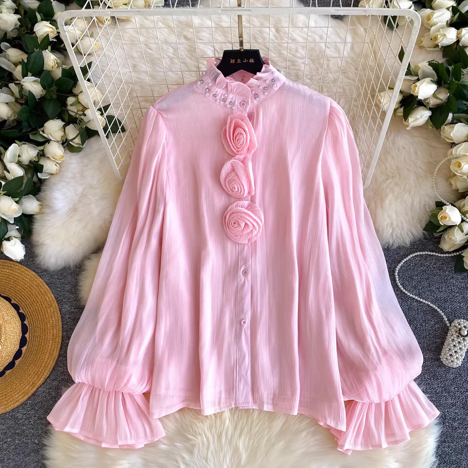 French-Style 3D Floral Long-Sleeve Blouse for Women, Korean Lazy Loose-Fitting Slimming Red Design Top