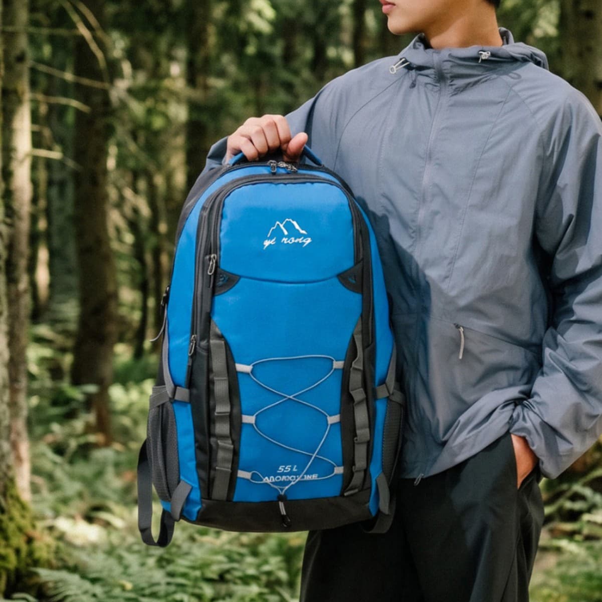 Royal Blue and Black Contrast Tech Hiking Backpack, Handsome Male College Outdoor Enthusiast Travel Hiking Camping Water Resistant Backpack