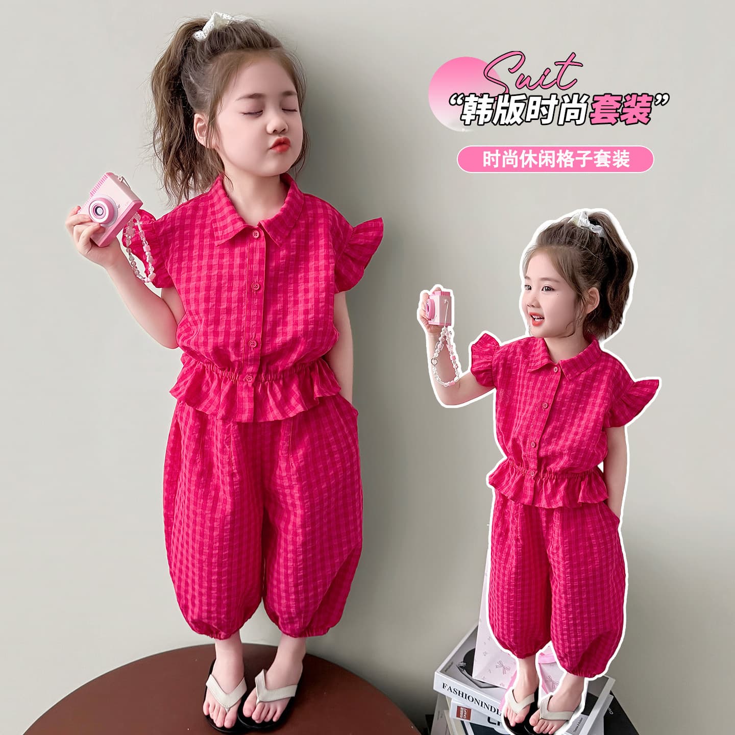 2026 New Style Fashionable Plaid Two-Piece Set for Baby Girls Thin Short Sleeve Shirt and Pants