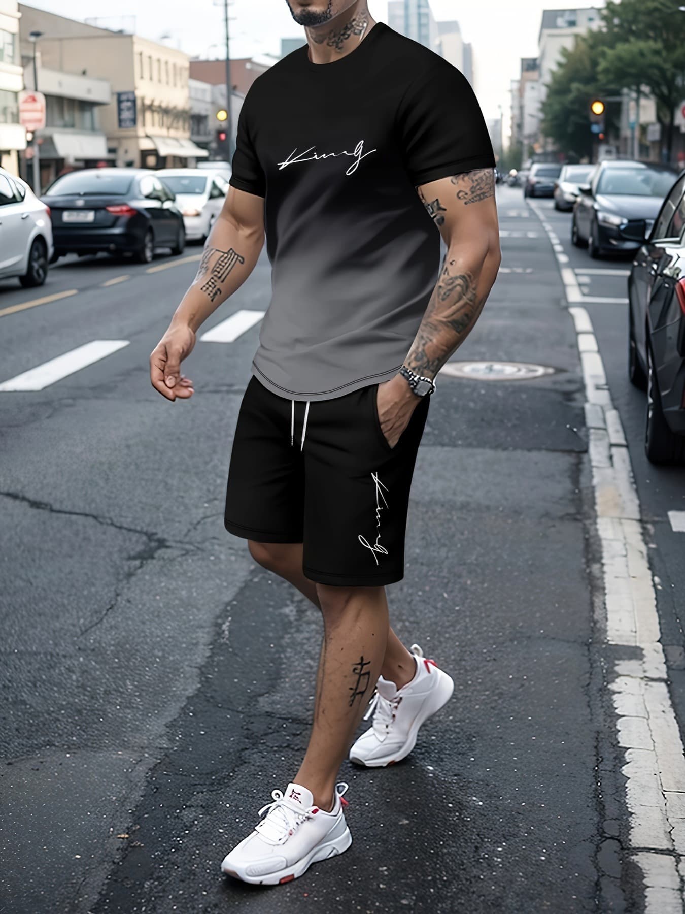 European and American Fashion Summer New Trendy Men's Simple 3D Print Color-Block Short Sleeve T-Shirt Set Men's 2-Piece Wholesale