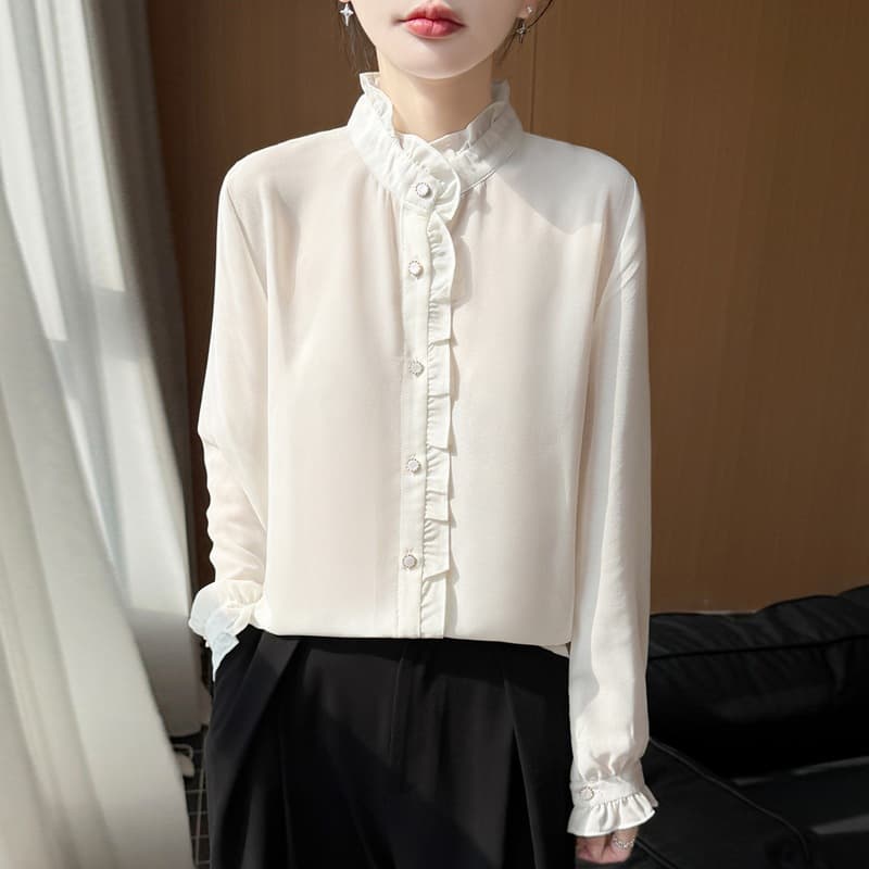 Cross-border 2026 spring women's new style French ruffle stand collar long-sleeved chiffon shirt women's tops shirt