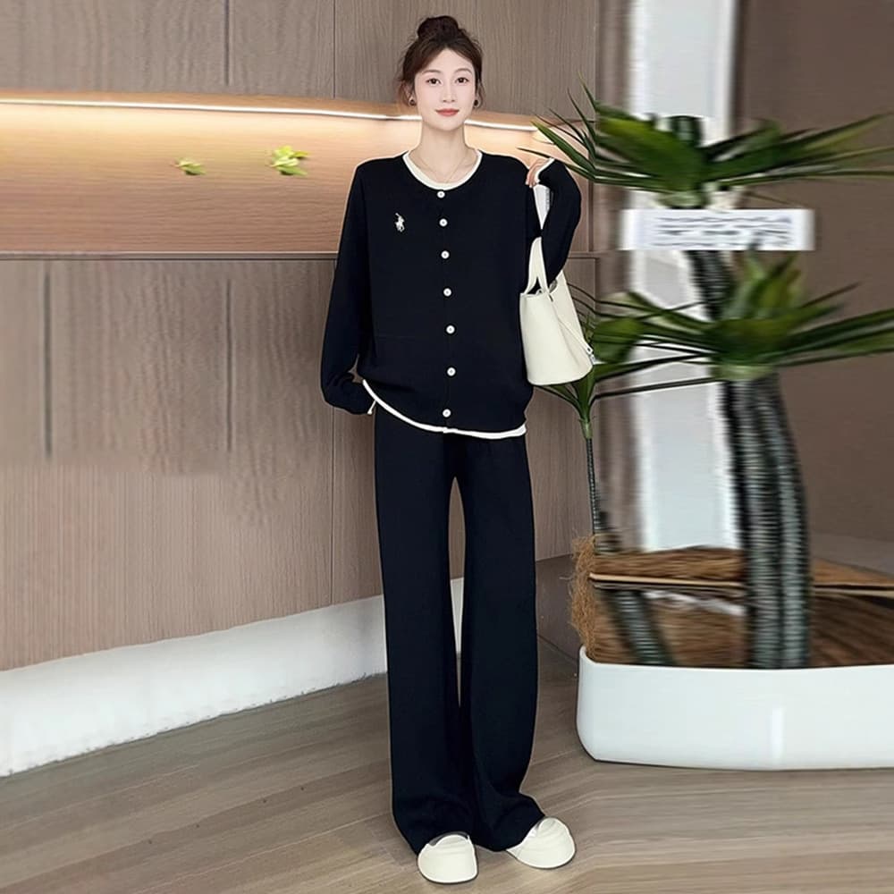 Maternity Set Spring Autumn Long Sleeve Contrast Color Fake Two-Piece Round Neck Top Korean Style Fashion Pants Early Autumn Two-Piece Set