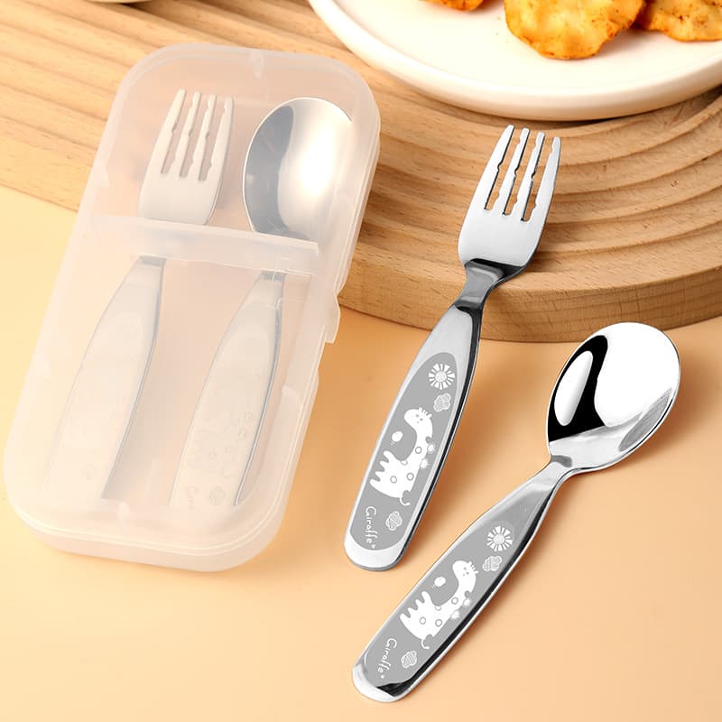304 Stainless Steel Creative Cute Kids Spoon and Fork Storage Box Set, Mirror Polished, Portable Children's Dining Spoon and Fork