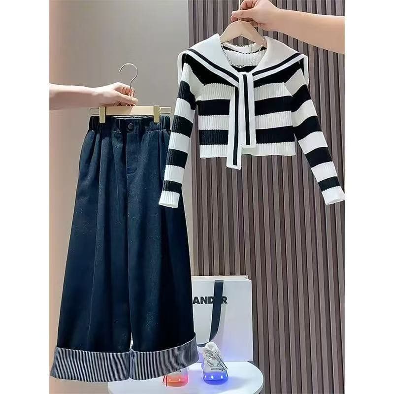 Girls Spring and Autumn Suit 2026 New Korean Fashion Striped Navy Collar Sweater Wide Leg Pants College Style Two-piece Set