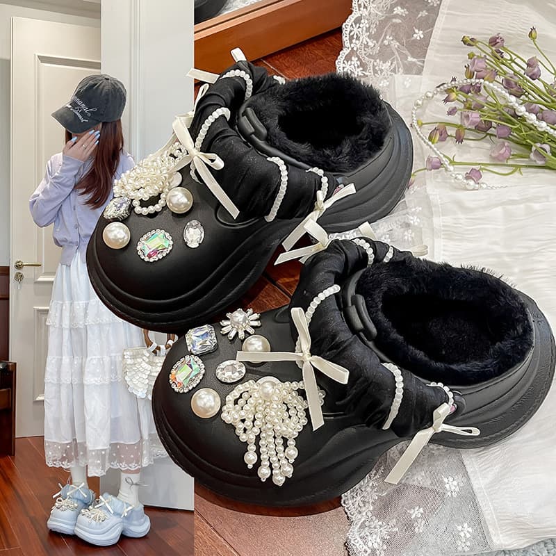2025 Autumn/Winter New Style Slim Waist Sweet Style Fleece-Lined EVA Perforated Shoes Women Height-Increasing Warm Convertible Cotton Slippers
