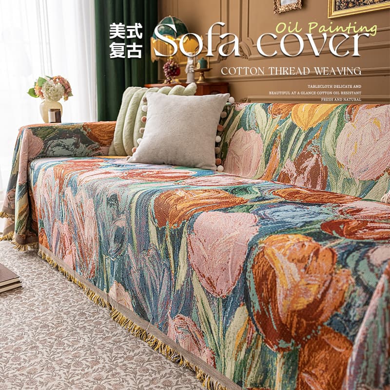 Oil painting style sofa towel American light luxury high-end sofa full cover cover cotton thread weaving four-season sofa released