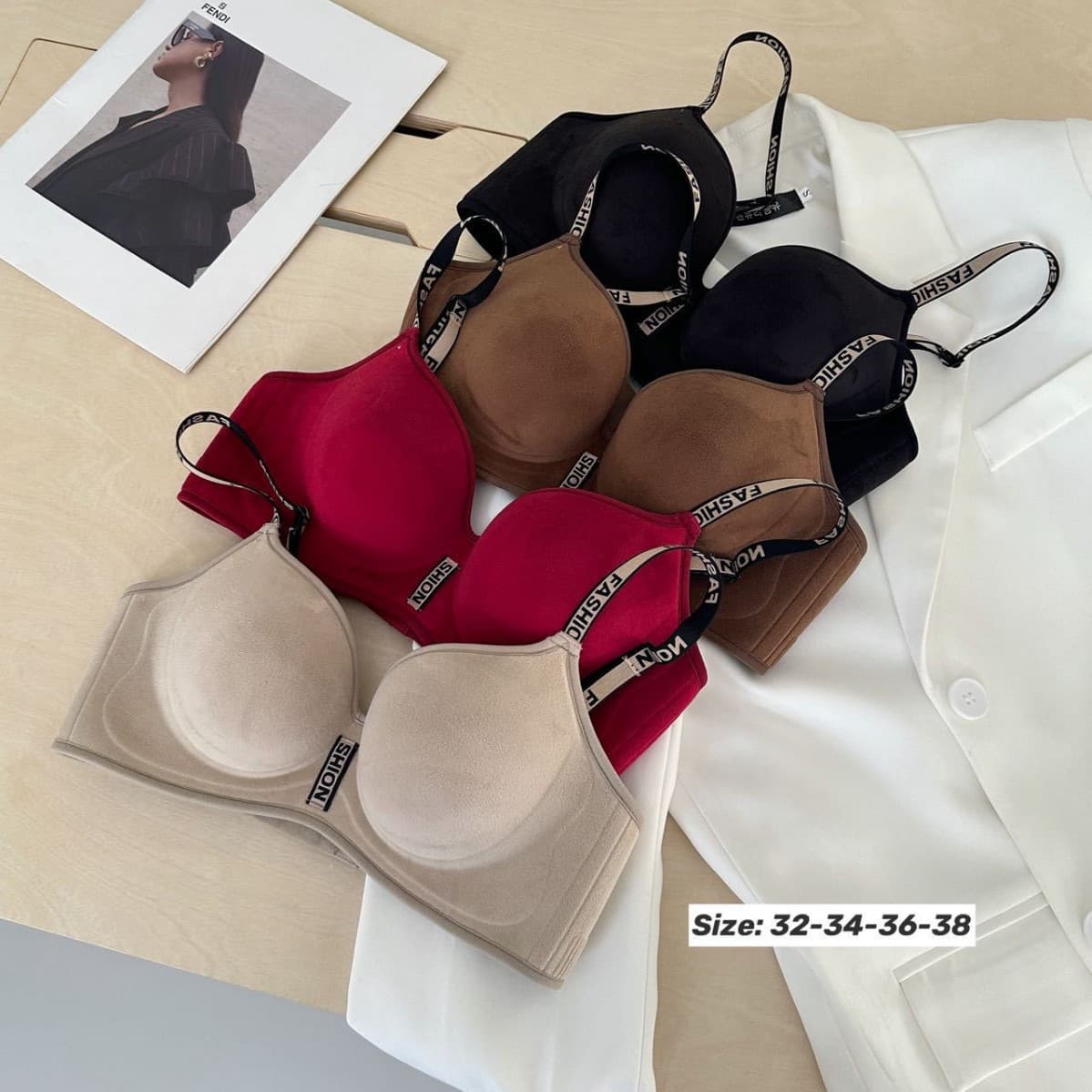 Original Thickened 5cm Small Chest Push-Up Bra for Women, Autumn and Winter Velvet Letter Strap Bra for Flat Chest