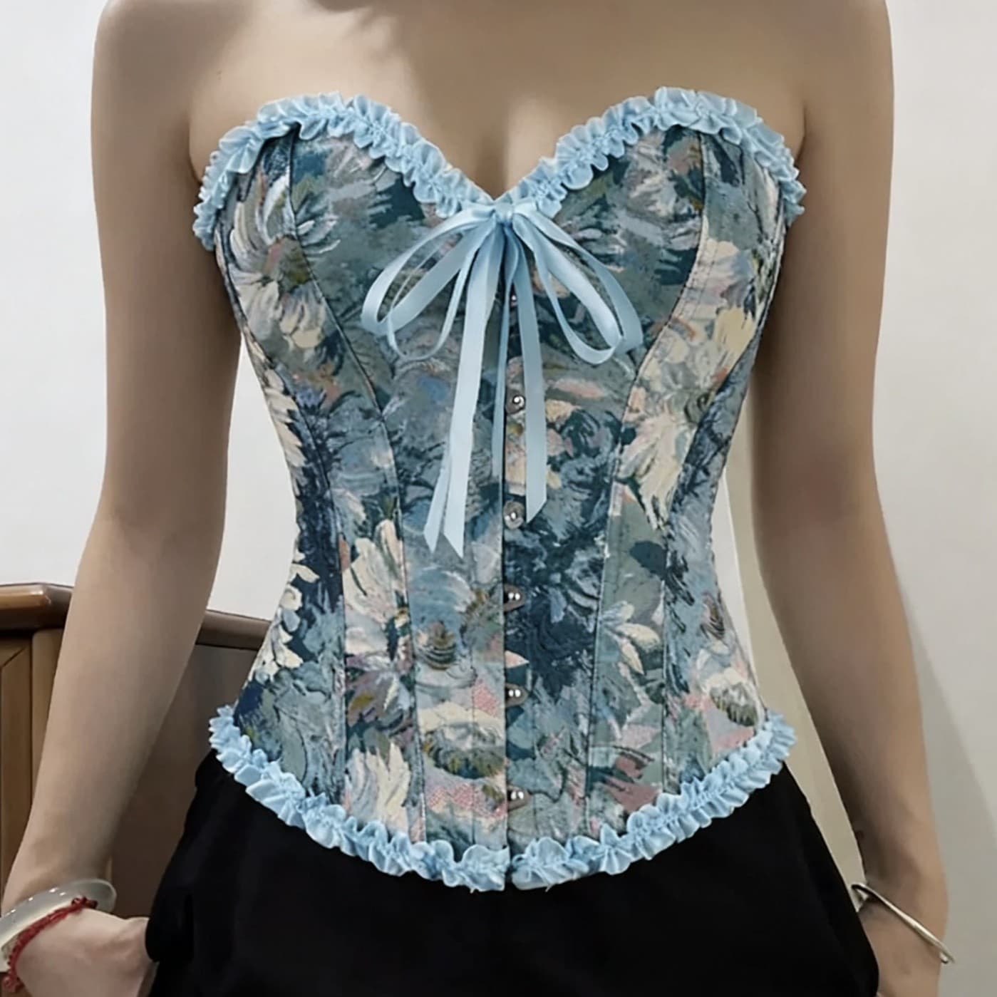 Overseas Trade Oil Painting Floral Corset Cross-Border Best Seller Bow Classic Court Style Lace-Up Tie Hourglass Waist Boned Corset