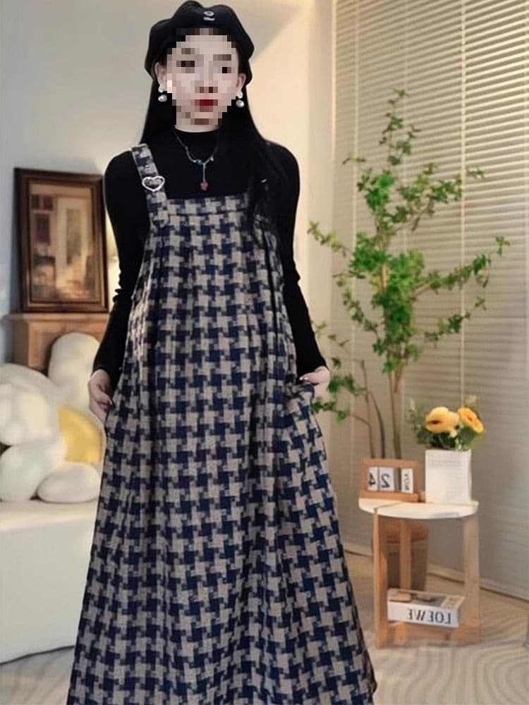 Maternity Dress Spring and Autumn Style New Arrival, Plus-Size Loose Mid-Length Wool Blend Suspenders Dress for Petite