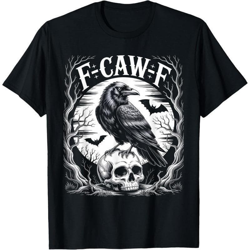 Cross-border EU Size Pure Cotton T-Shirt Black Crow F-Caw-F Funny Black Bird Moon Goth
