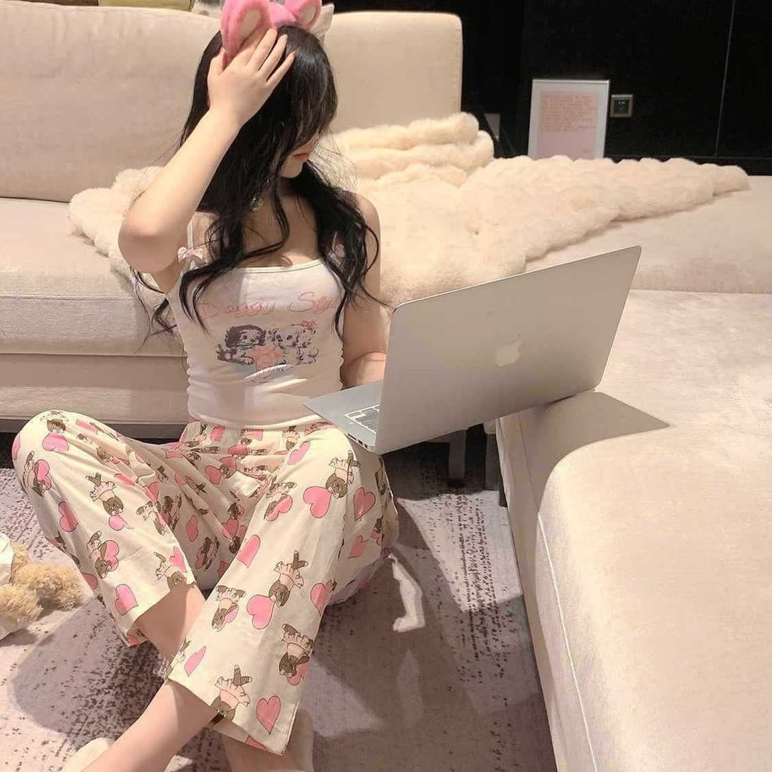 Trendy Loungewear Pajama Pants for Women, Ins Style Sweet Girl Student Dormitory Slimming Wide-Leg Pants, Wearable Outside Home Pants