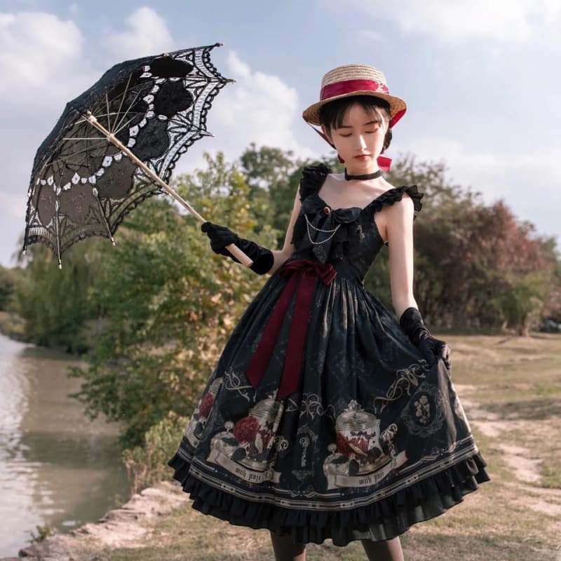 Lolita dress, full price, in stock. Nightingale and Rose Gothic Dark Lolita style slip dress for girls.